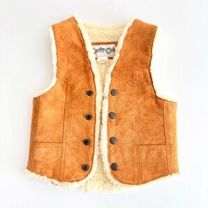 Unisex kids tan brown suede white Sherpa button up cowboy vest